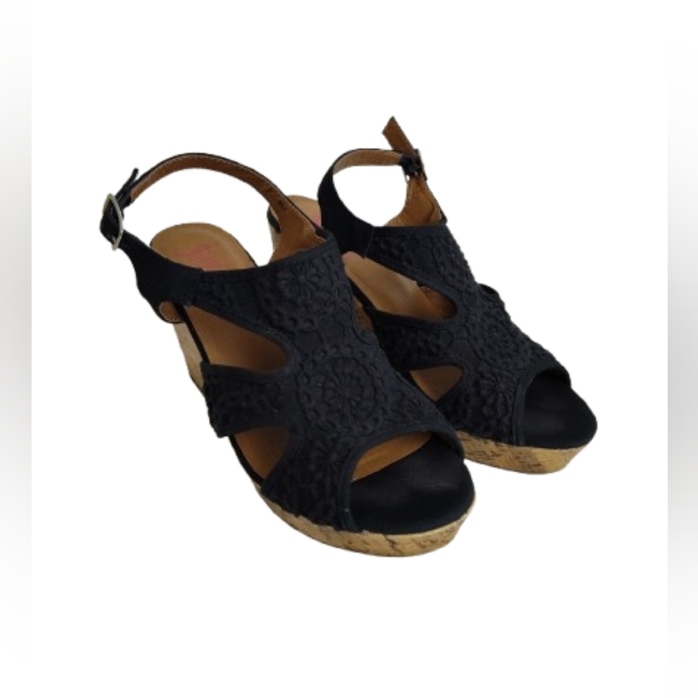 Jellypop Amara Black Crochet Cork Wedge Sandals Women's Size 9 - Picture 4 of 12